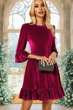 Velvet Frill Detail Mini Dress In Violet Red