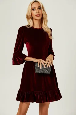 Velvet Frill Detail Mini Dress In Wine
