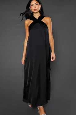 Velvet Halterneck Satin Maxi Dress