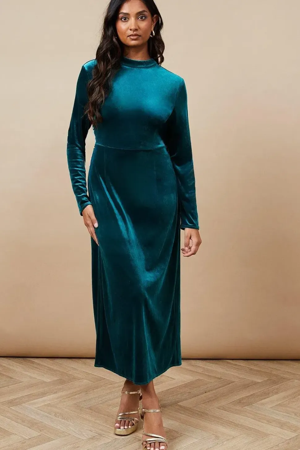 Velvet High Neck Twist Back Midi Dress