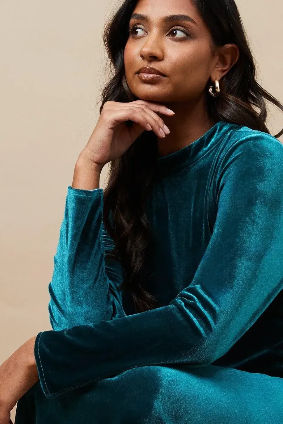 Velvet High Neck Twist Back Midi Dress