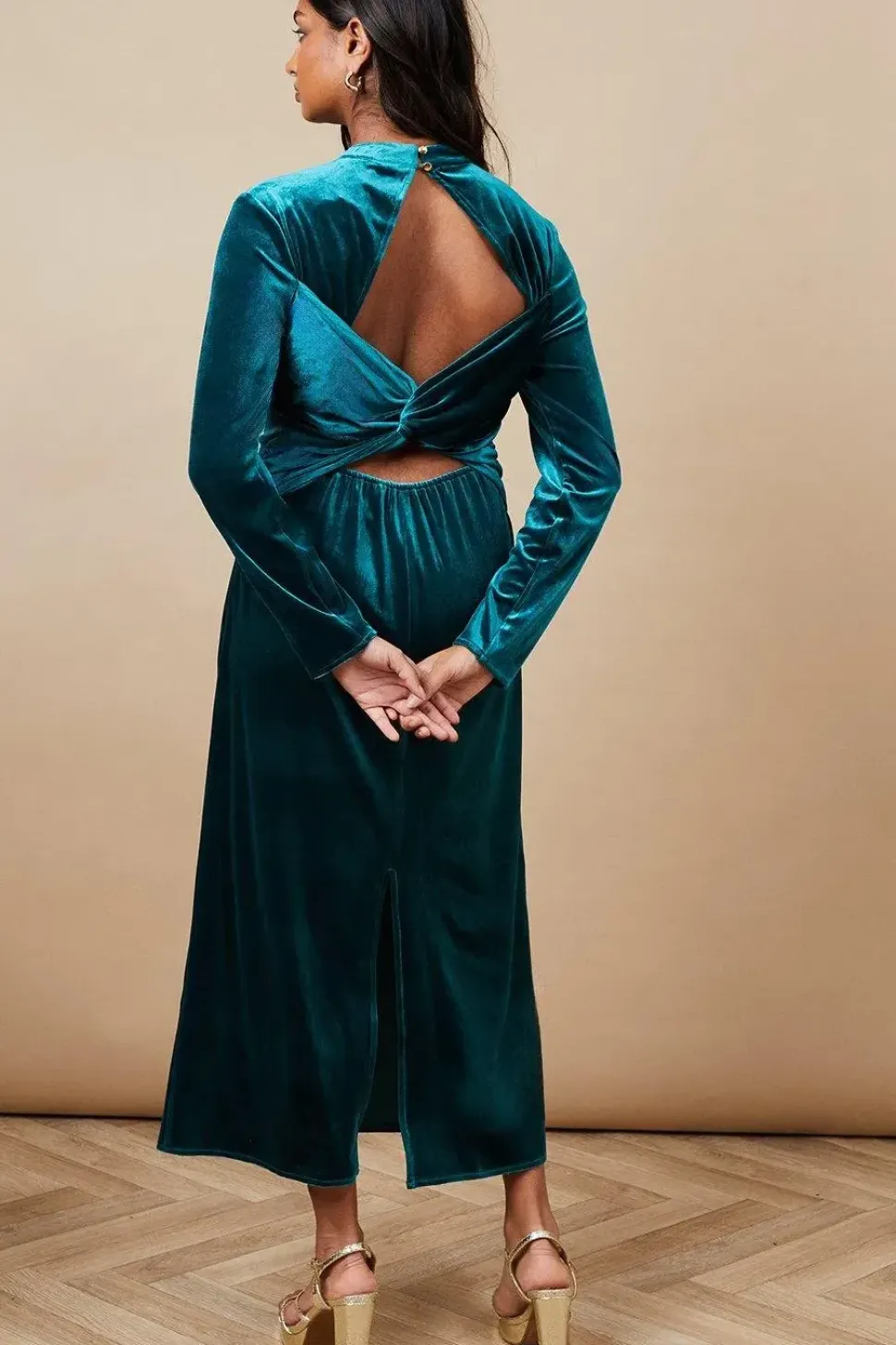 Velvet High Neck Twist Back Midi Dress