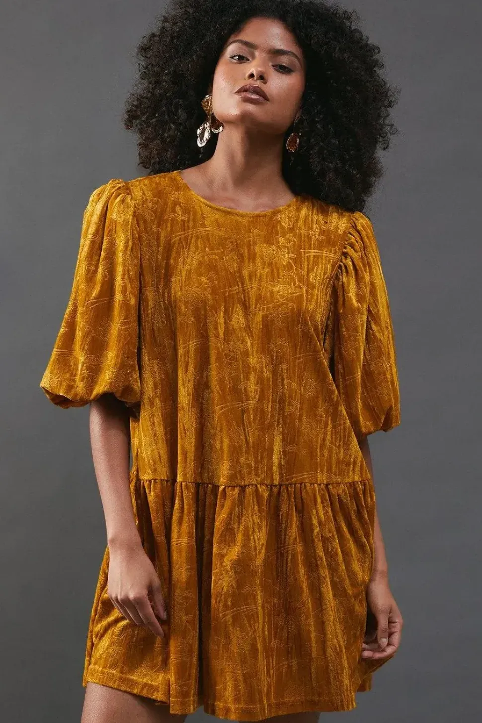 Velvet Jacquard Drop Waist Mini Smock Dress