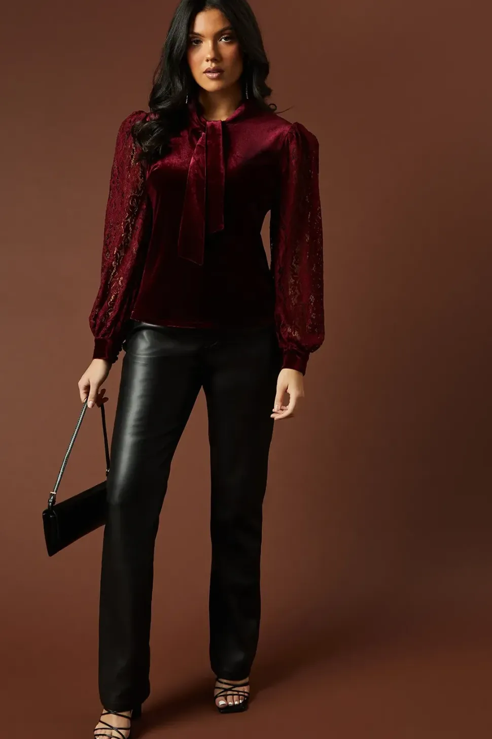 Velvet Lace Sleeve Tie Neck Blouse