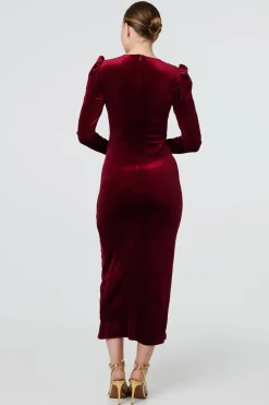 Velvet Long Puff Sleeve Split Hem Midi Dress