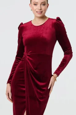 Velvet Long Puff Sleeve Split Hem Midi Dress