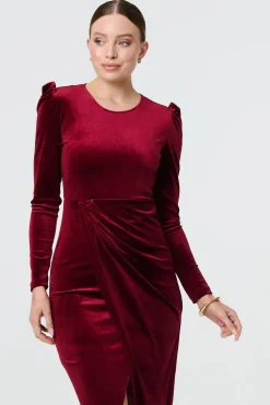 Velvet Long Puff Sleeve Split Hem Midi Dress