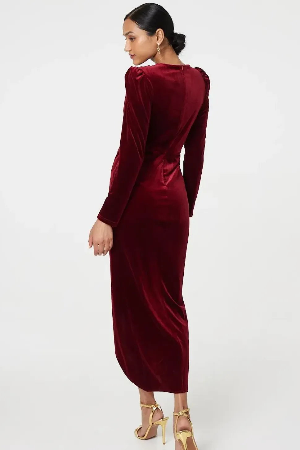Velvet Long Puff Sleeve Split Hem Midi Dress