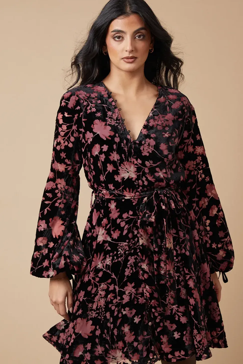 Velvet Long Sleeve Button Detail Mini Dress
