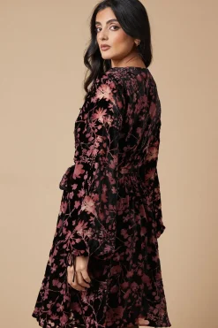 Velvet Long Sleeve Button Detail Mini Dress