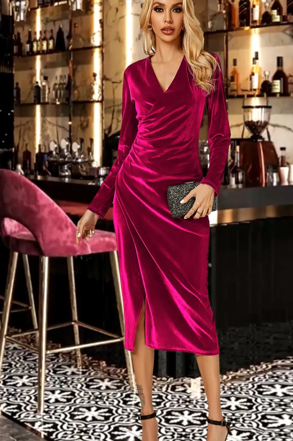Velvet Long Sleeve Midi Dress In Violet Red