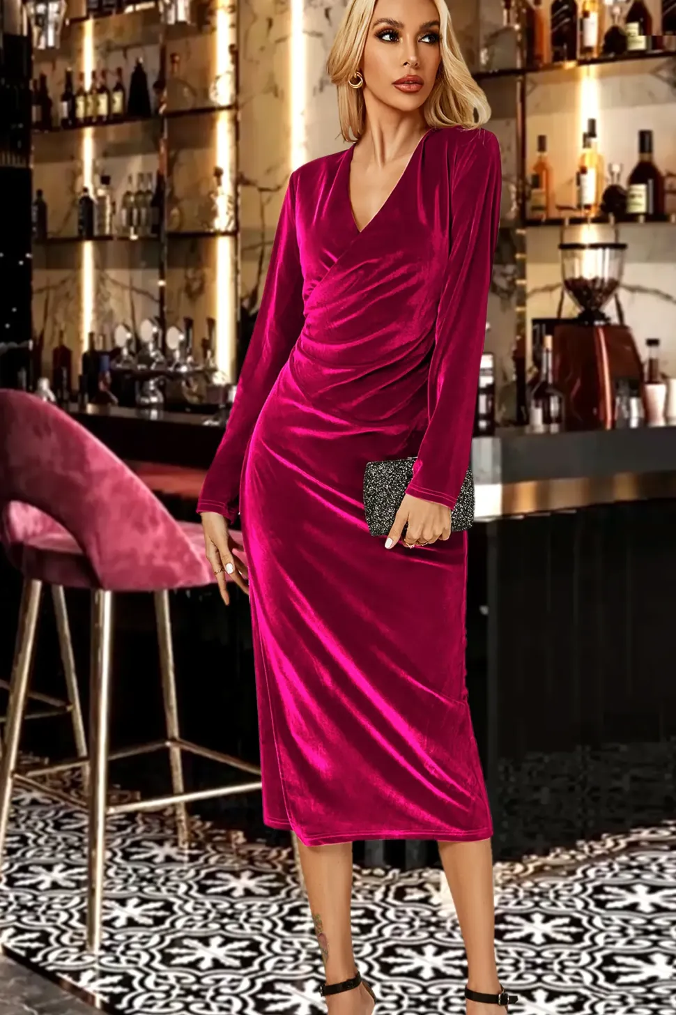 Velvet Long Sleeve Midi Dress In Violet Red