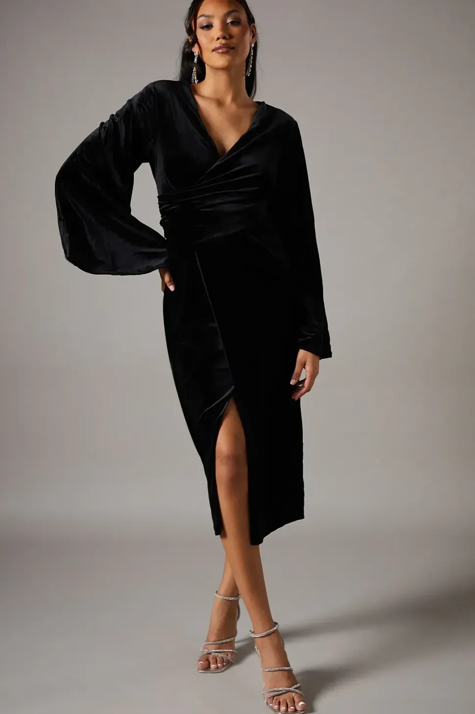 Velvet Long Sleeve Wrap Midi Dress