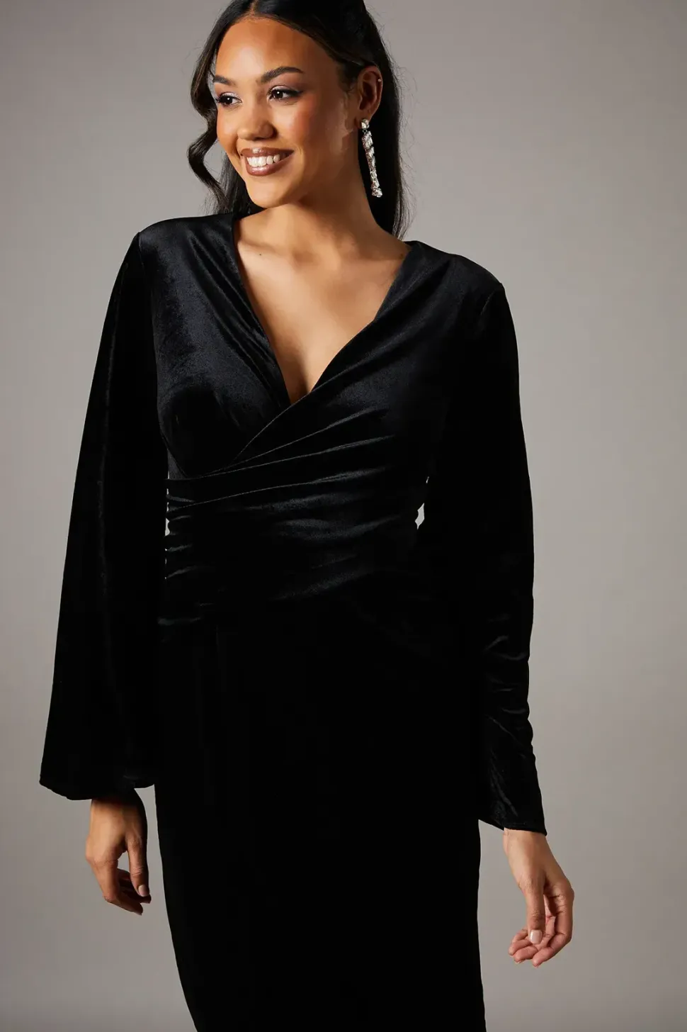 Velvet Long Sleeve Wrap Midi Dress