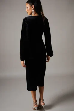 Velvet Long Sleeve Wrap Midi Dress