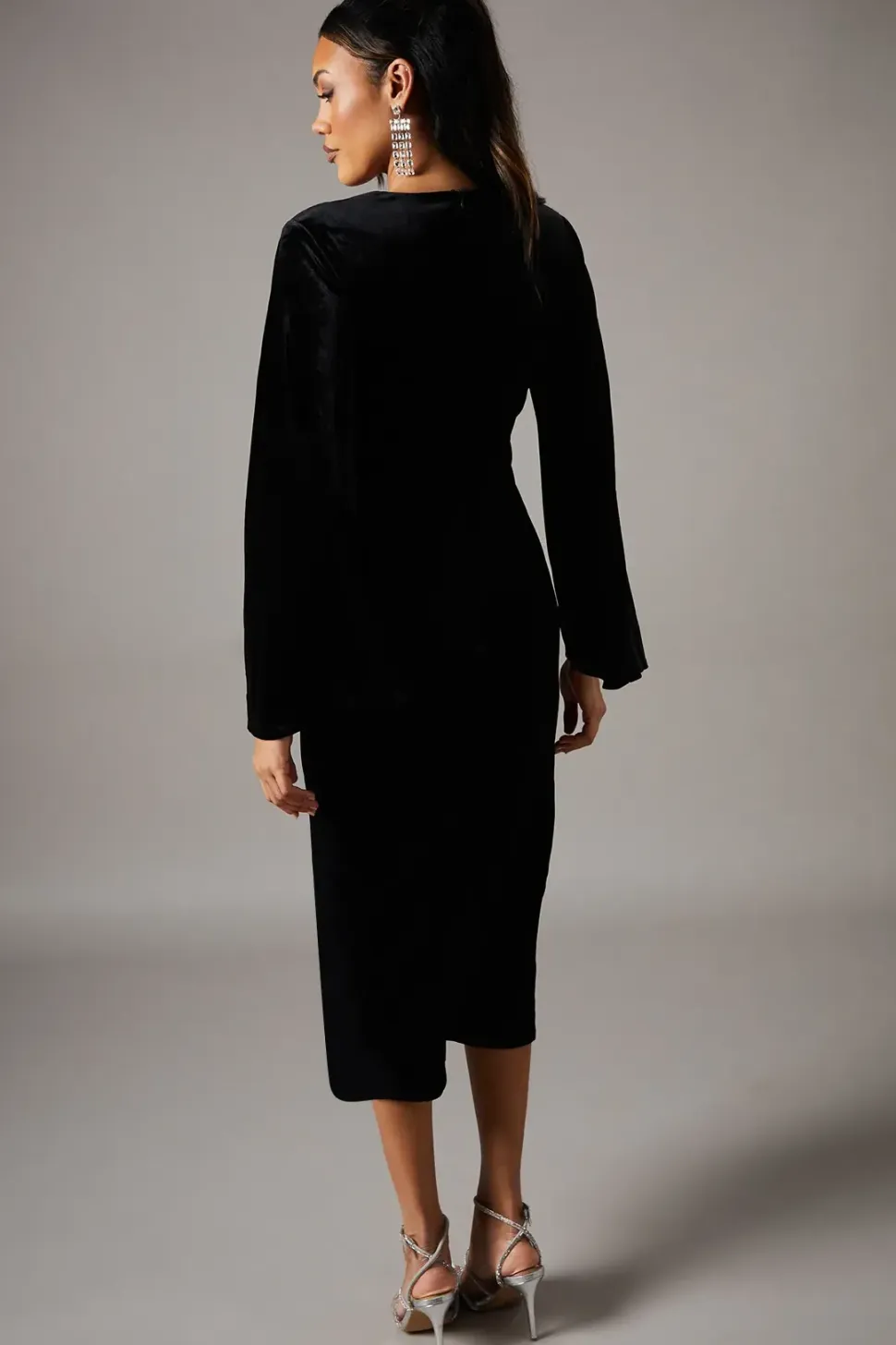 Velvet Long Sleeve Wrap Midi Dress
