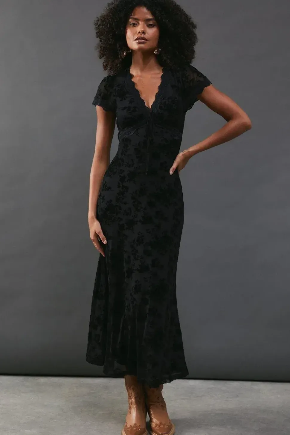 Velvet Mesh Lace Insert Midi Tea Dress