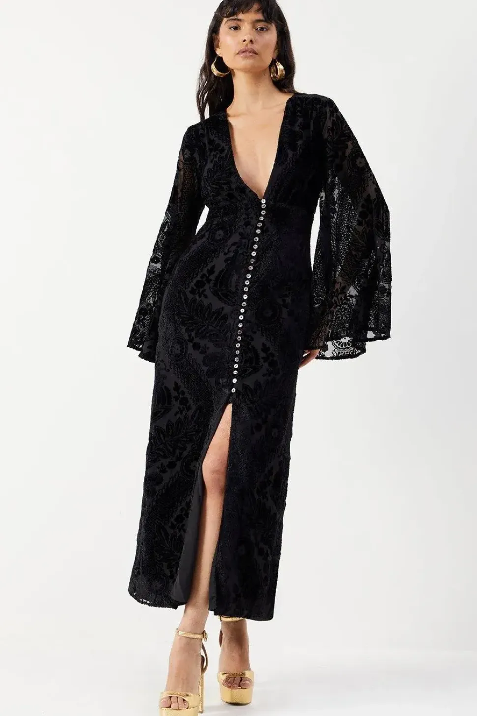 Velvet Plunge Neck Flared Sleeve Button Through Midi Dress