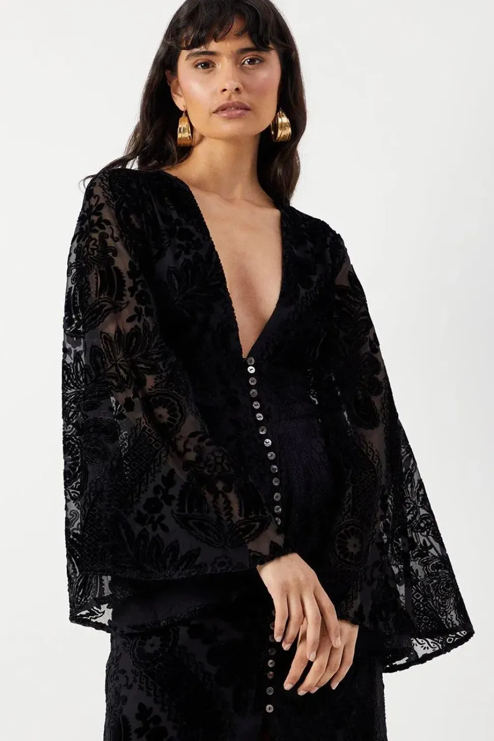 Velvet Plunge Neck Flared Sleeve Button Through Midi Dress