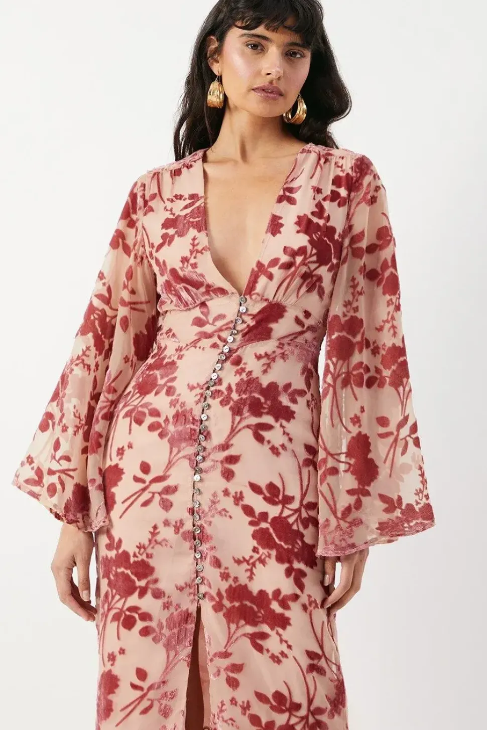 Velvet Plunge Neck Flared Sleeve Button Through Midi Dress