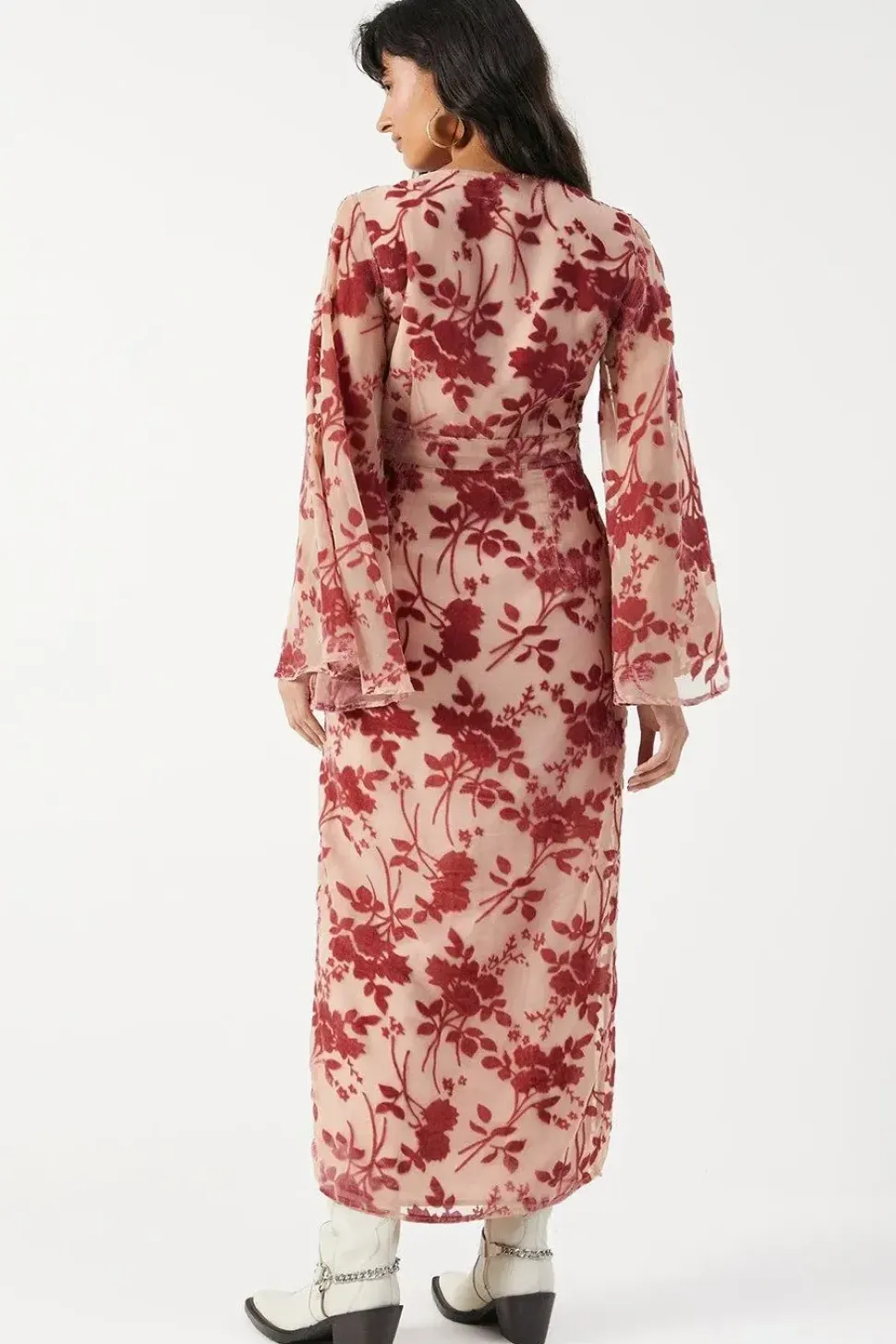 Velvet Plunge Neck Flared Sleeve Button Through Midi Dress