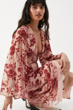 Velvet Plunge Neck Flared Sleeve Button Through Midi Dress