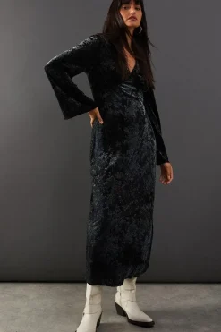 Velvet Plunge Neck Lace Insert Midi Dress