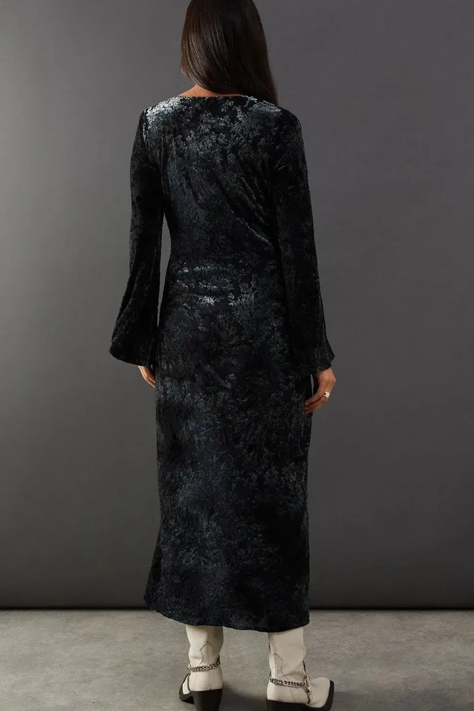 Velvet Plunge Neck Lace Insert Midi Dress