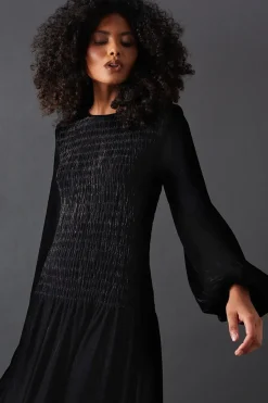 Velvet Ruched Body Puff Sleeve Midi Dress
