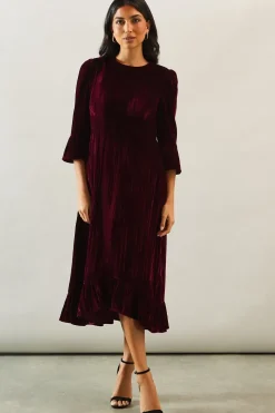 Velvet Ruffle Midi Smock Dress