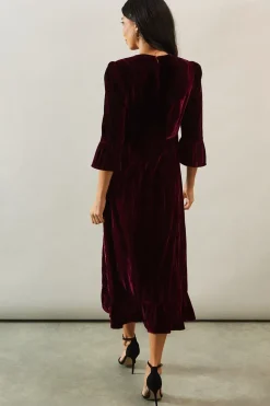 Velvet Ruffle Midi Smock Dress