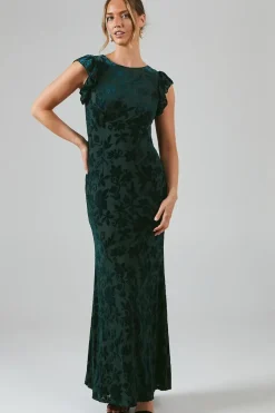 Velvet Ruffle Sleeve Bridesmaid Dress