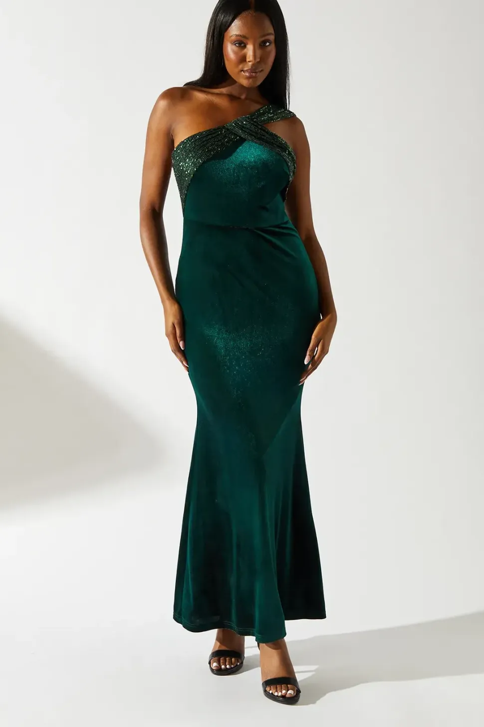 Velvet Sequin Asymmetric Maxi Dress