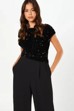 Velvet Sequin Jumpsuit with Cap Sleeve