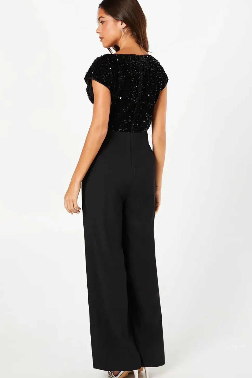 Velvet Sequin Jumpsuit with Cap Sleeve