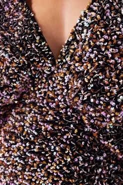 Velvet Sequin Plunge Neck Batwing Mini Dress