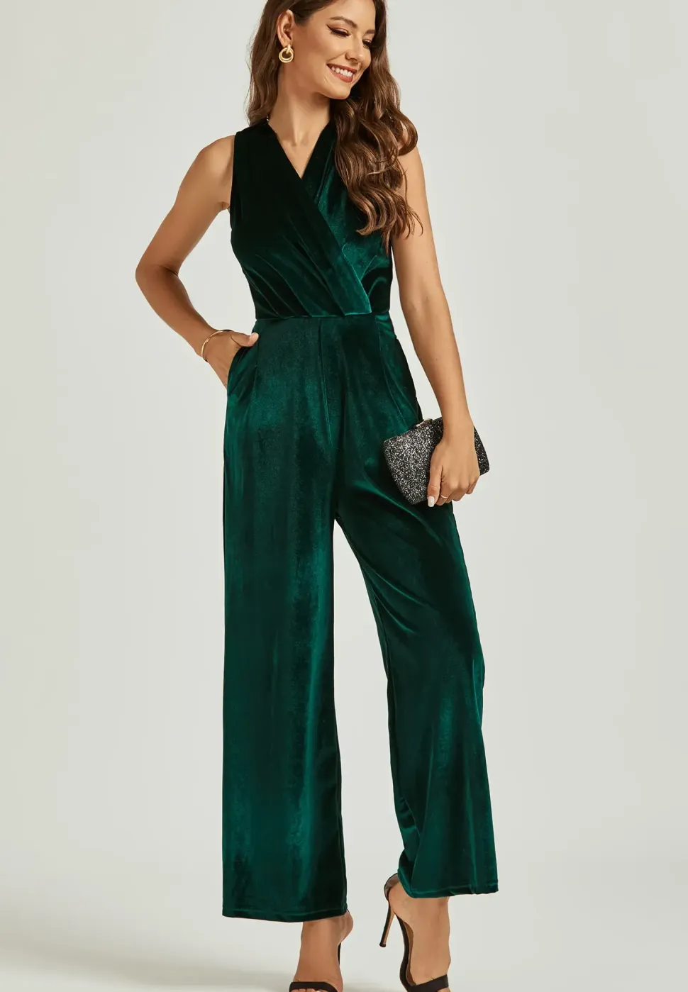 Velvet Wrap Jumpsuit In Green