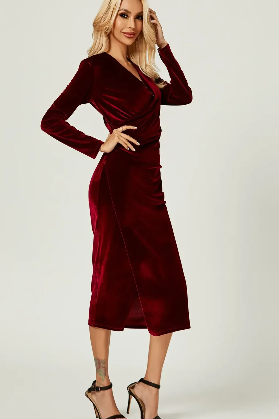Velvet Wrap Style Long Sleeve Midi Dress In Wine