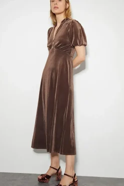 Veronique Velvet Bow Midi Dress Brown