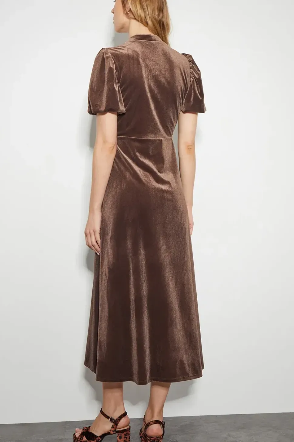 Veronique Velvet Bow Midi Dress Brown
