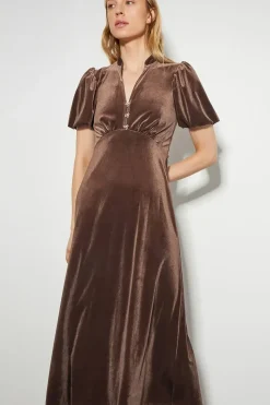 Veronique Velvet Bow Midi Dress Brown