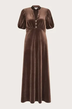 Veronique Velvet Bow Midi Dress Brown