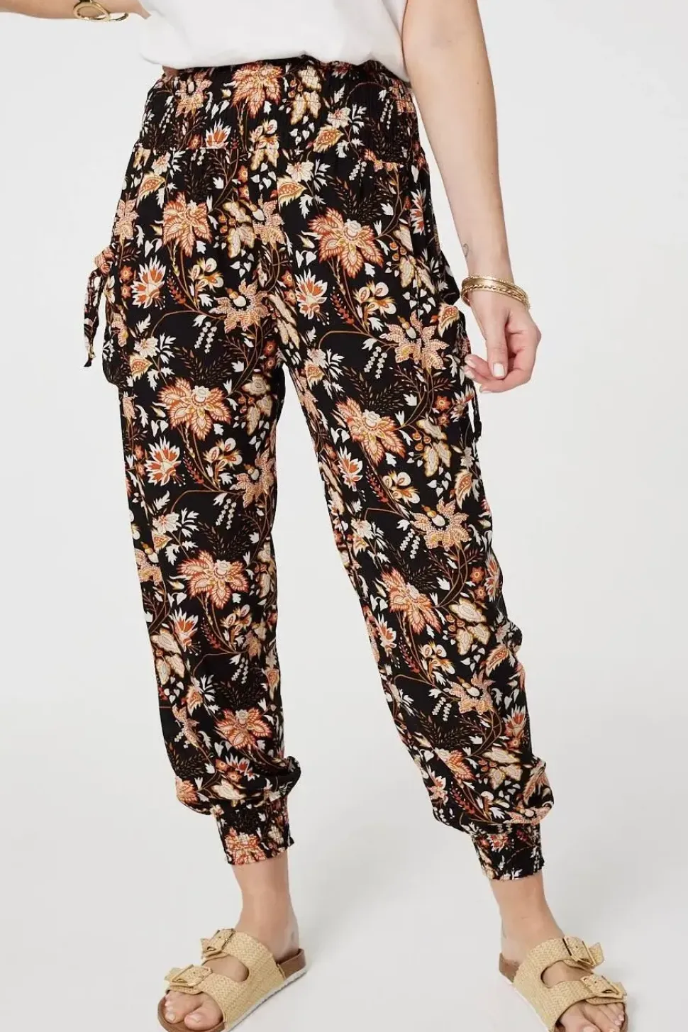 Vintage Floral Shirred Waist Harem Pants