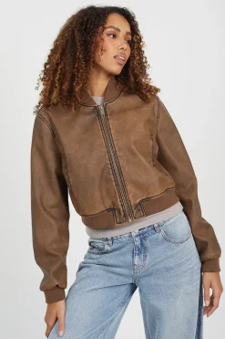 Vintage PU Cropped Bomber Jacket