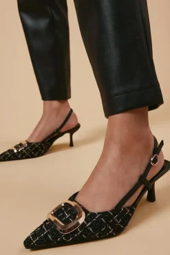 Viola Woven Metal Brooch Detail Kitten Heel Slingback Court Shoes