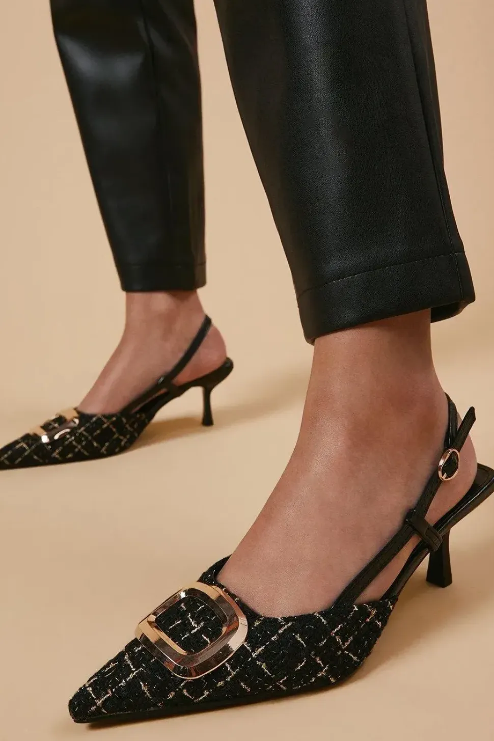 Viola Woven Metal Brooch Detail Kitten Heel Slingback Court Shoes