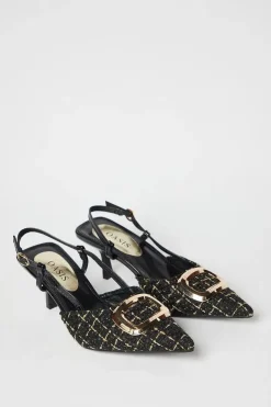 Viola Woven Metal Brooch Detail Kitten Heel Slingback Court Shoes