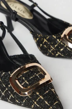 Viola Woven Metal Brooch Detail Kitten Heel Slingback Court Shoes