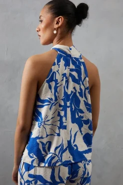 Viscose Blue Floral Nylon Twist Halter Neck Top
