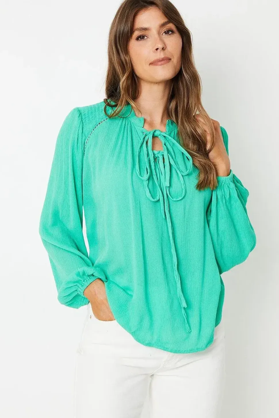 Viscose Crinkle Shirred Insert Tie Blouse